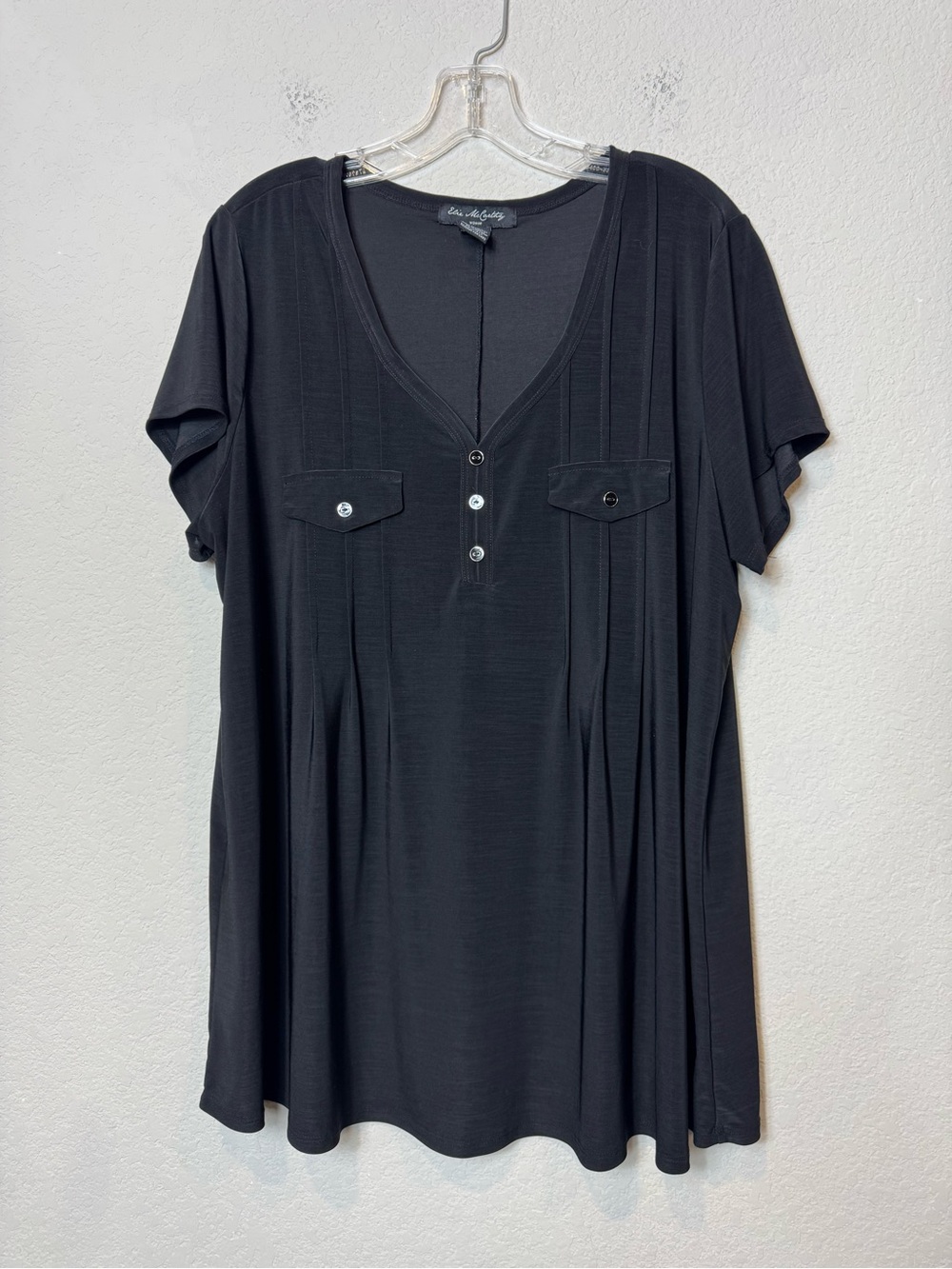 Elie McCarthy Plus Size Black V-Neck Short Sleeve Tunic Pleated Front Women’s 2X